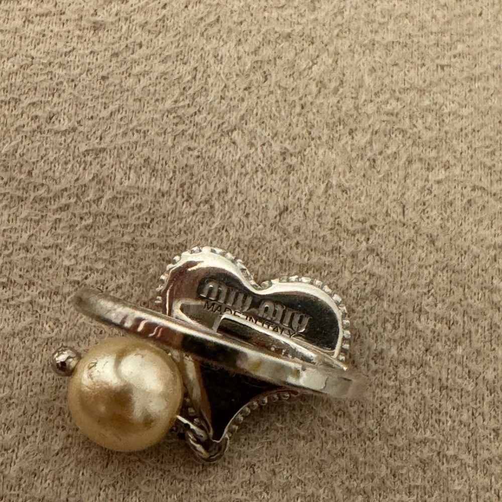Miu Miu Sterling Silver 925 Crystal Heart Ring Pearl Pink Rhinestone Adjustable - Picture 3 of 9